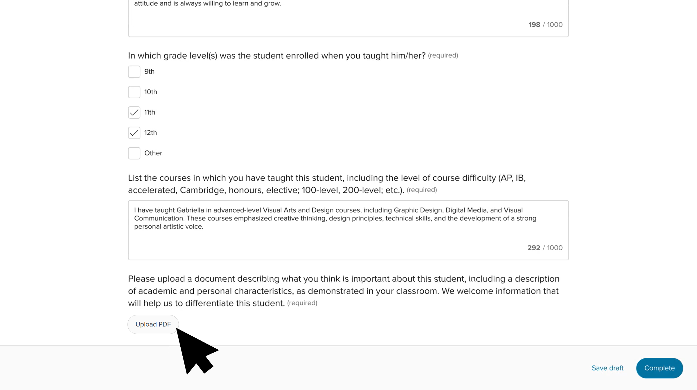 Click to enlarge The referrer form filled out and scrolled to the bottom of the page where the cursor is clicking Upload PDF